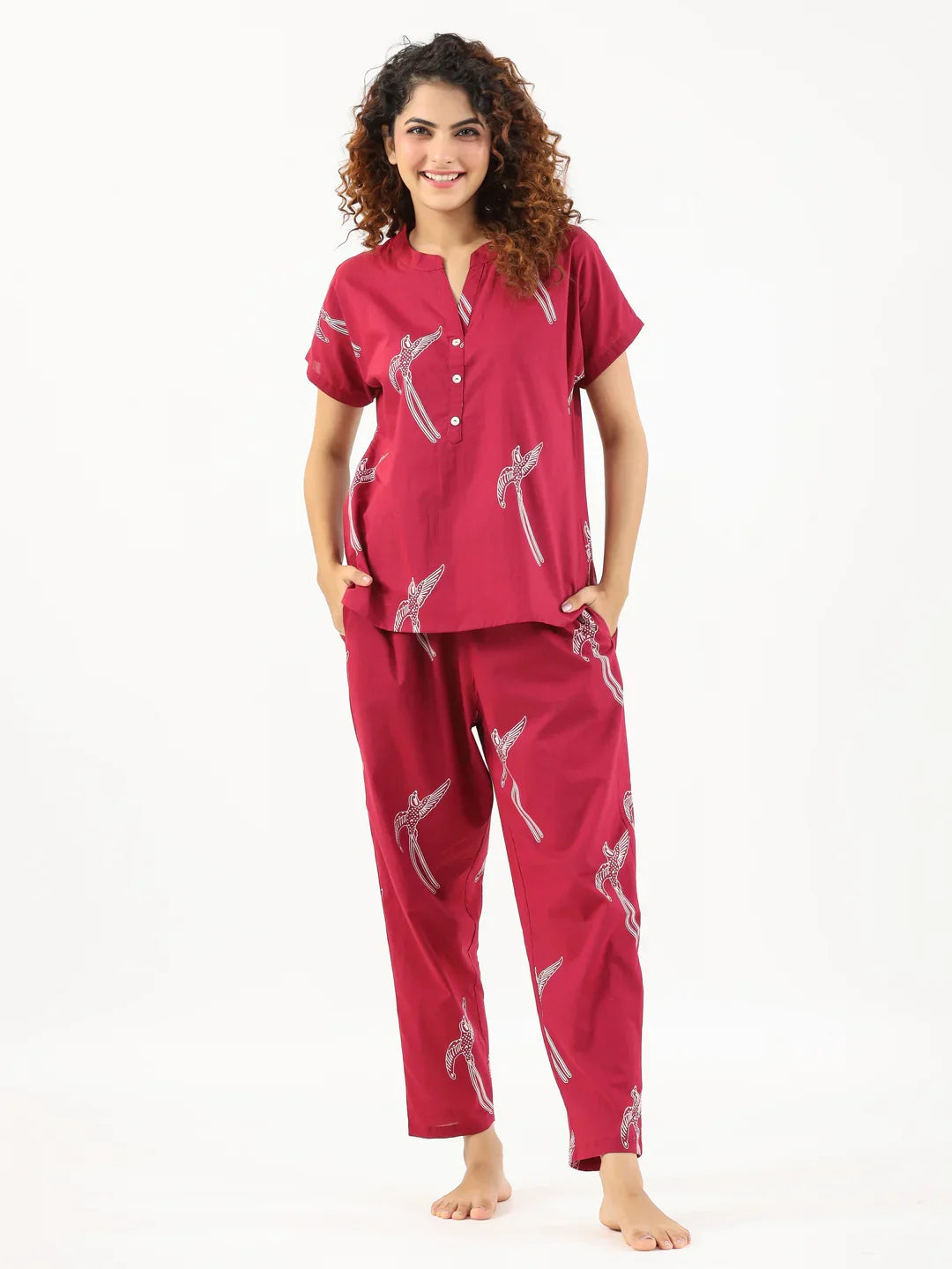 Wine Conversational Eagle printed Night suit set with pyjama - SanskrutiHomes