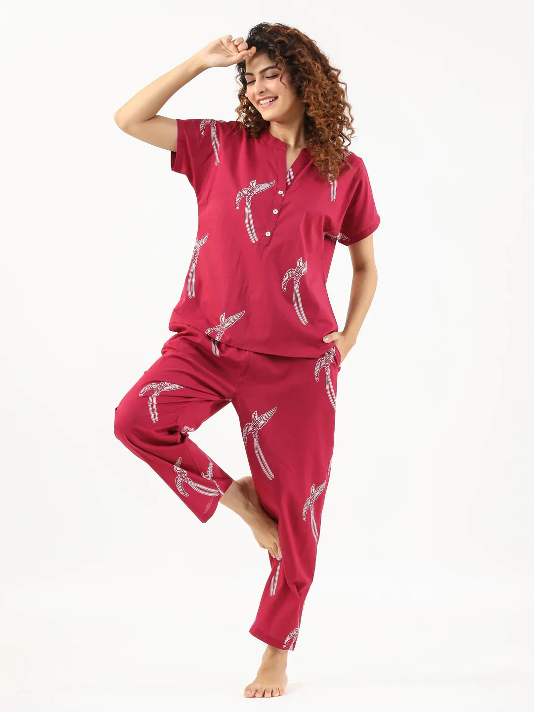 Wine Conversational Eagle printed Night suit set with pyjama - SanskrutiHomes