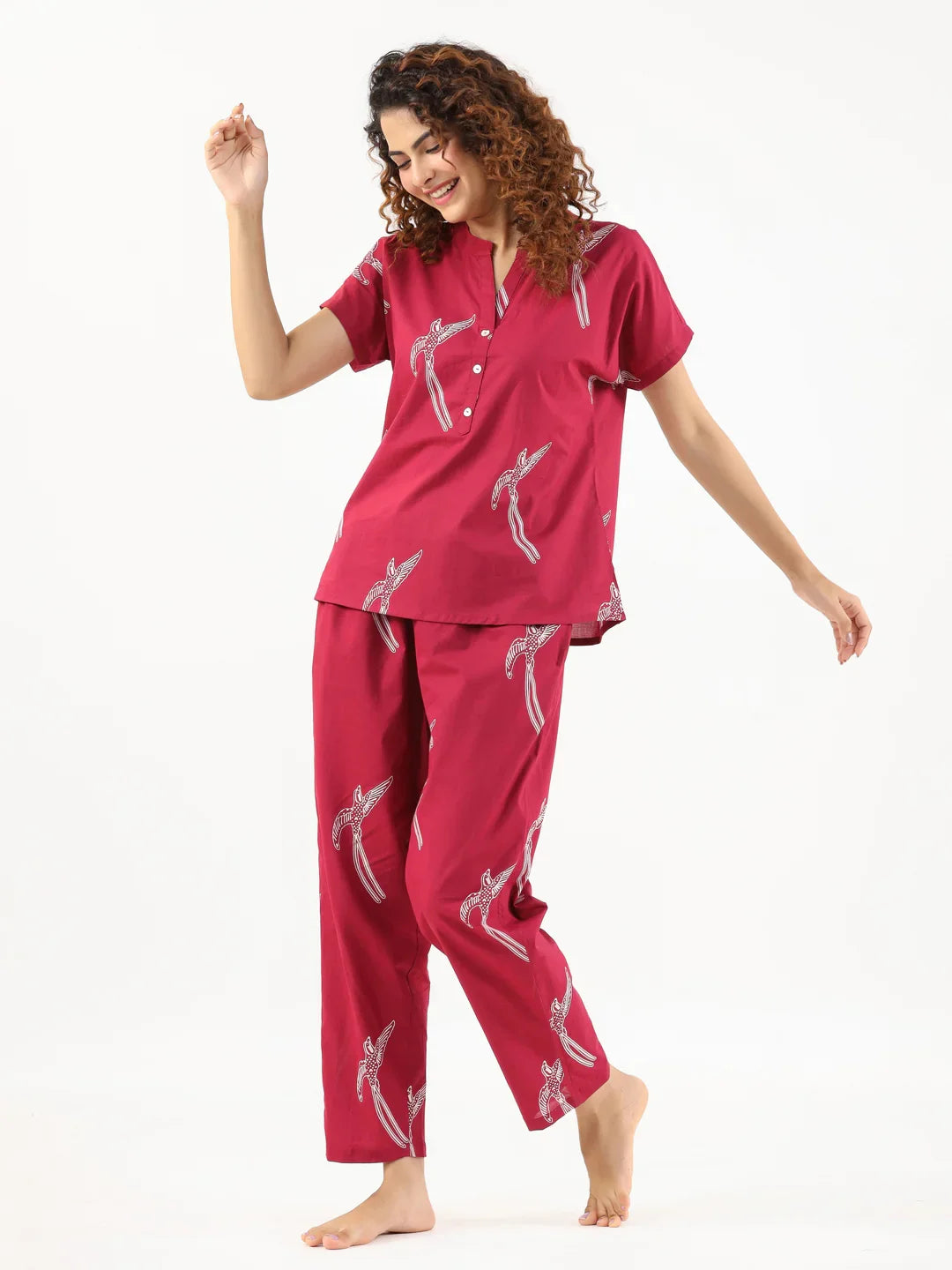 Wine Conversational Eagle printed Night suit set with pyjama - SanskrutiHomes