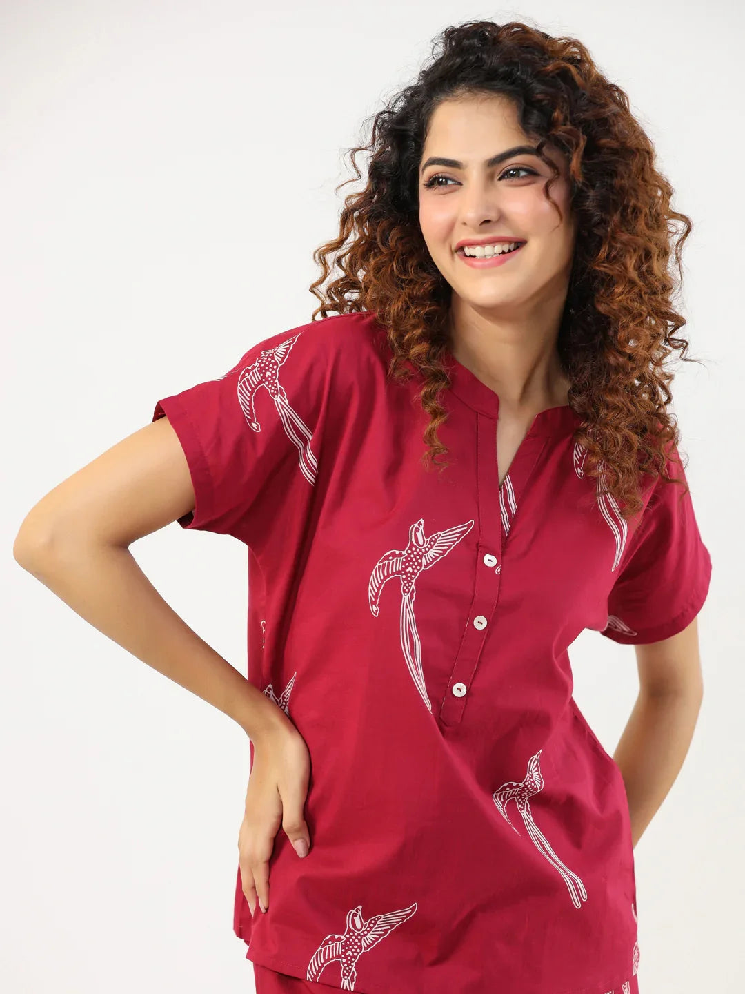 Wine Conversational Eagle printed Night suit set with pyjama - SanskrutiHomes