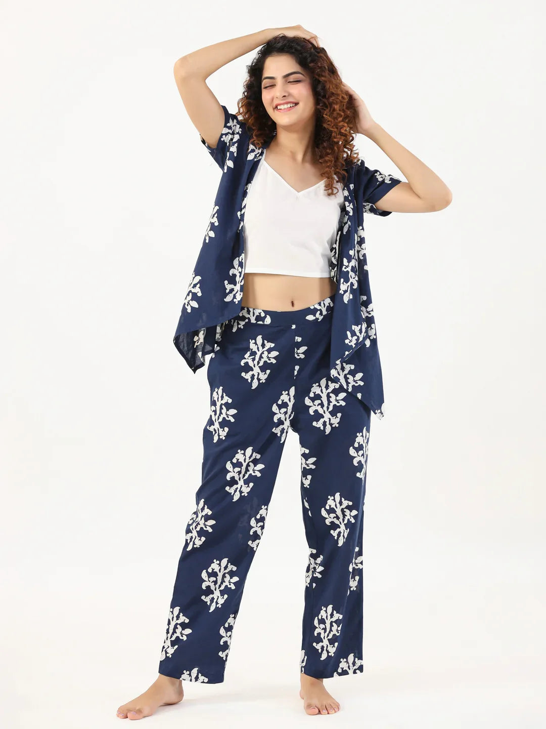 Indigo booti 3 pc Night Suit Set with Pyjama - SanskrutiHomes