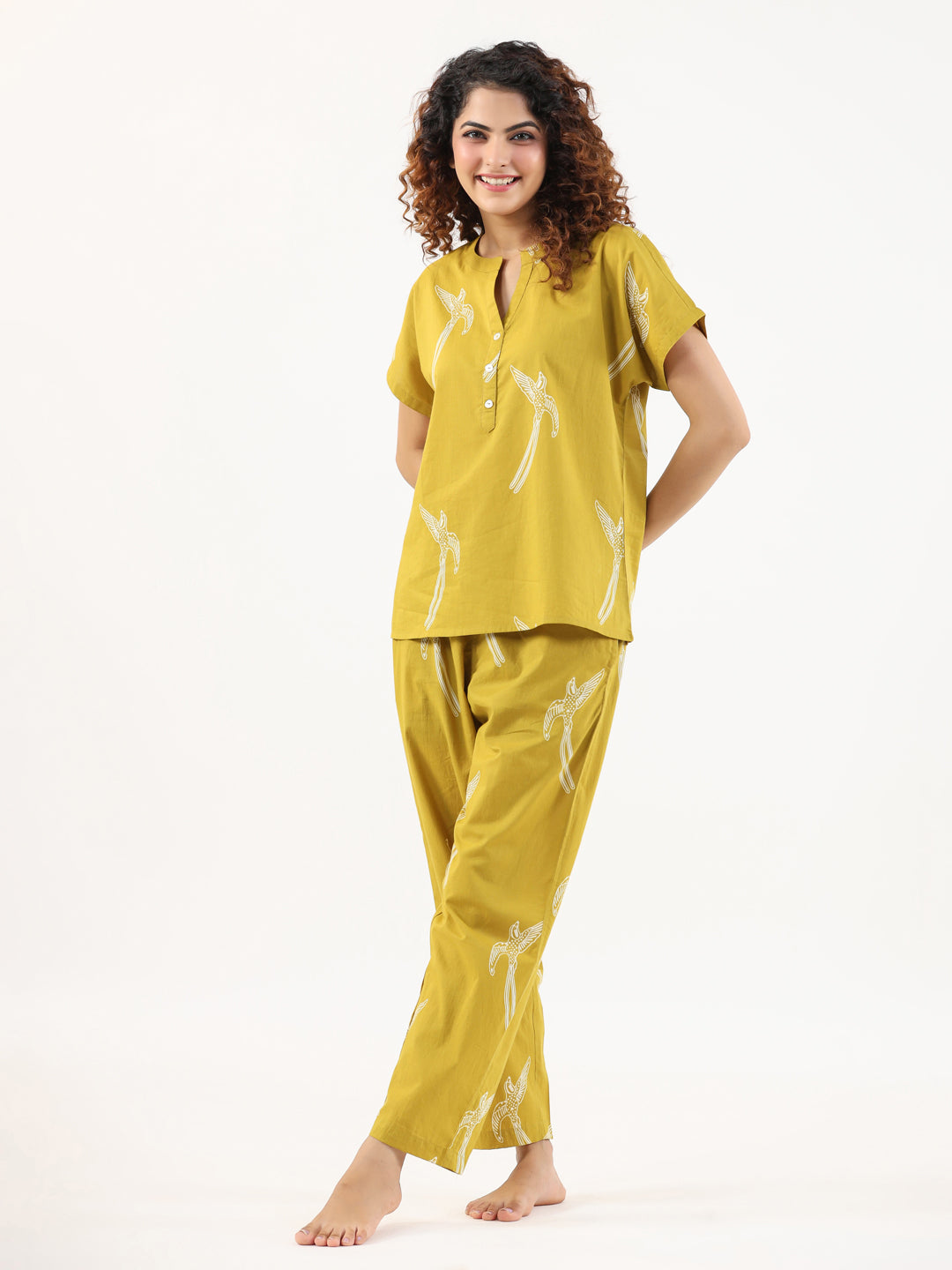 Mustard & White Conversational Print Cotton Night Suit Set For Women