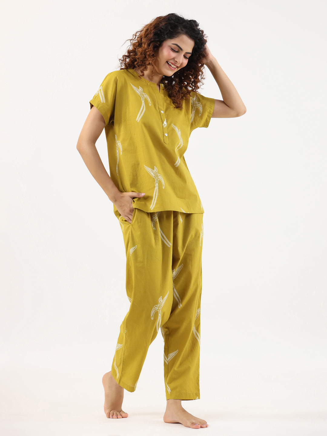 Mustard & White Conversational Print Cotton Night Suit Set For Women