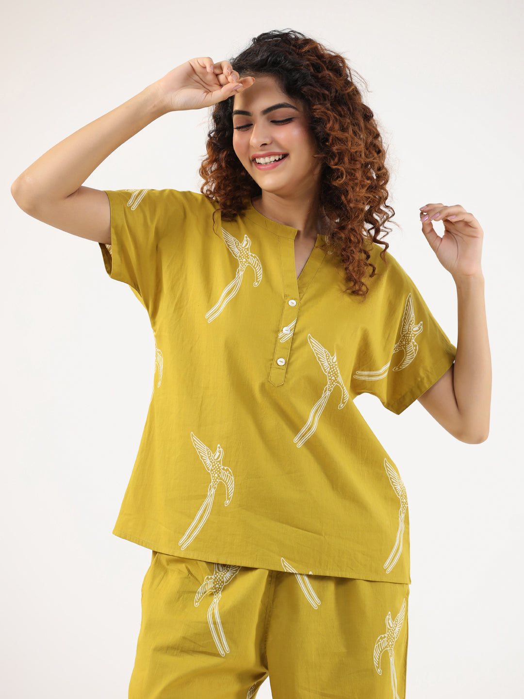 Mustard & White Conversational Print Cotton Night Suit Set For Women