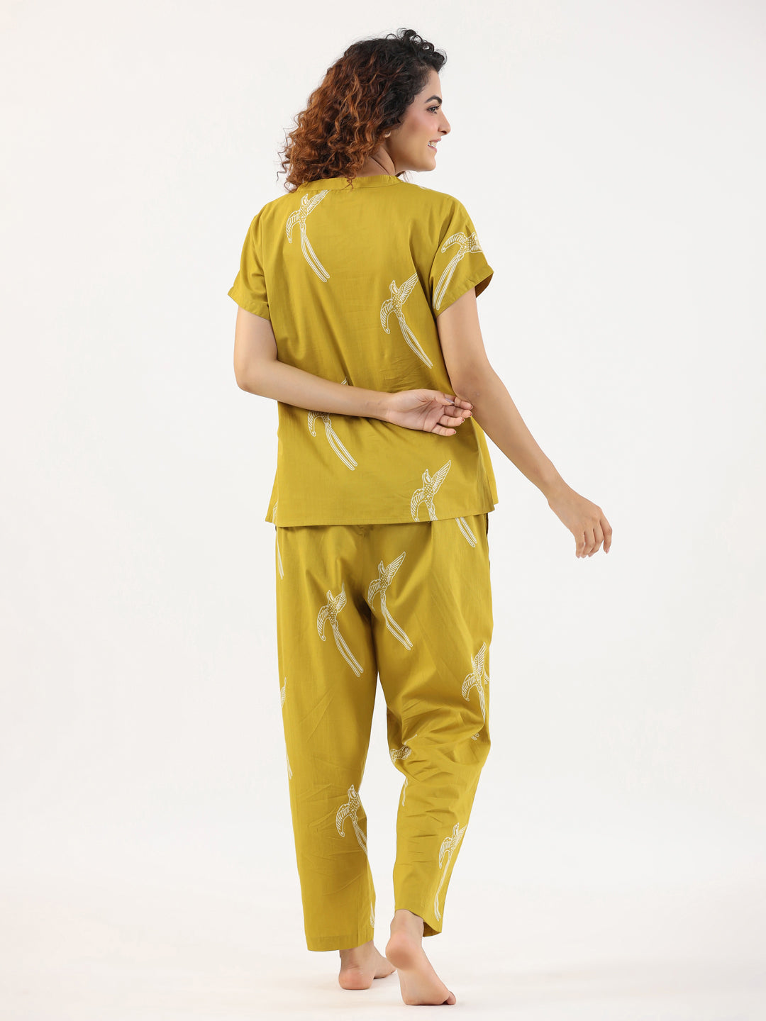 Mustard & White Conversational Print Cotton Night Suit Set For Women