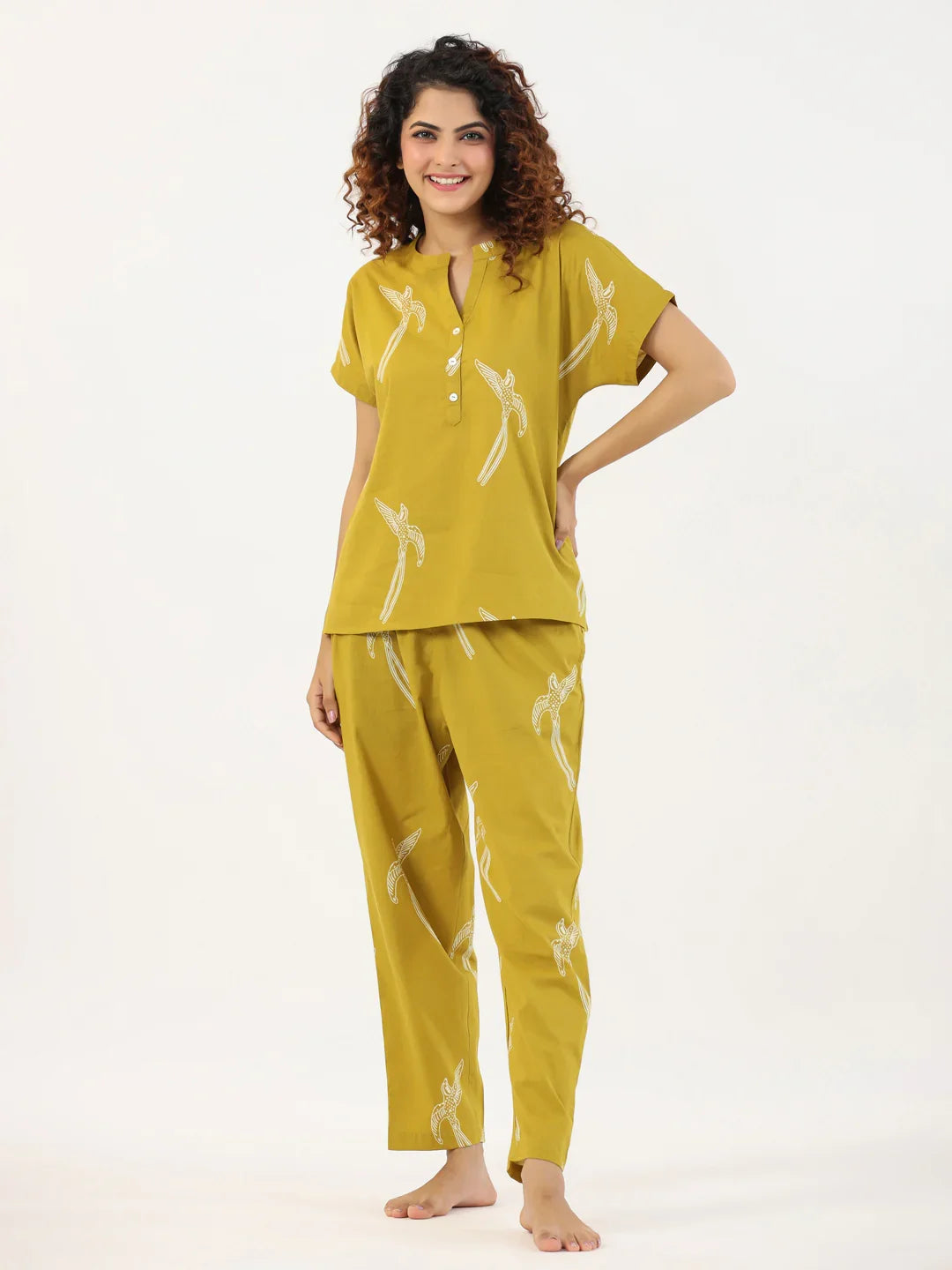 Mustard and White Conversational Eagle printed Night suit set with pyjama - SanskrutiHomes