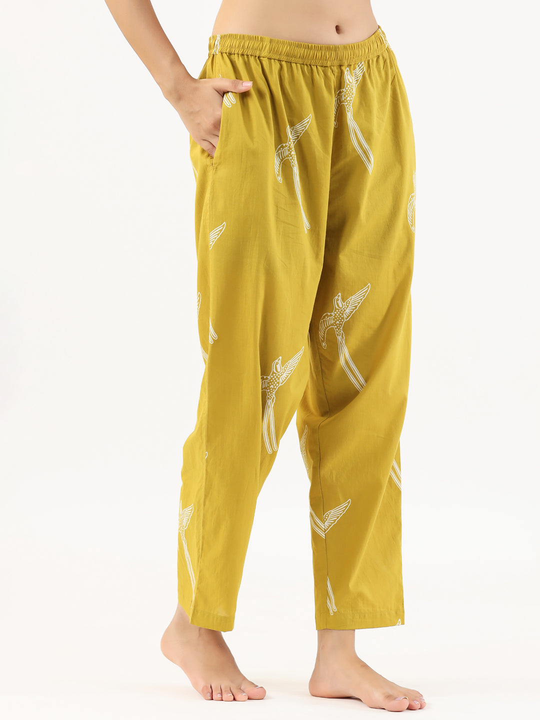 Mustard & White Conversational Print Cotton Night Suit Set For Women