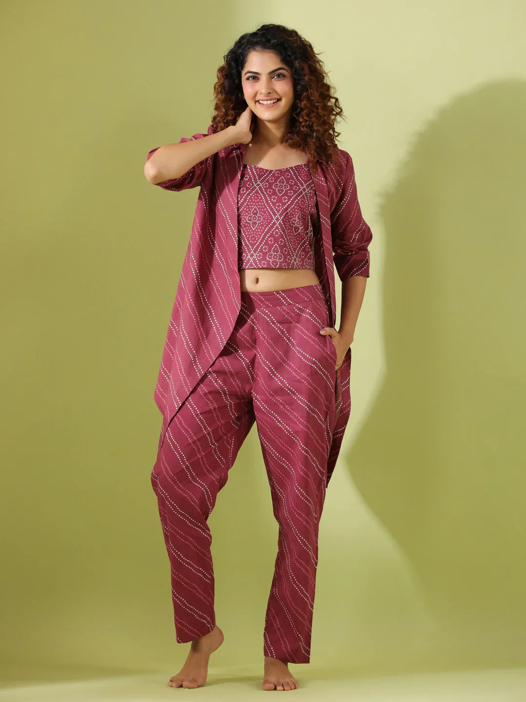 MYSTIC MAROON Bhandej Cotton 3 peice Co-ord set - SanskrutiHomes