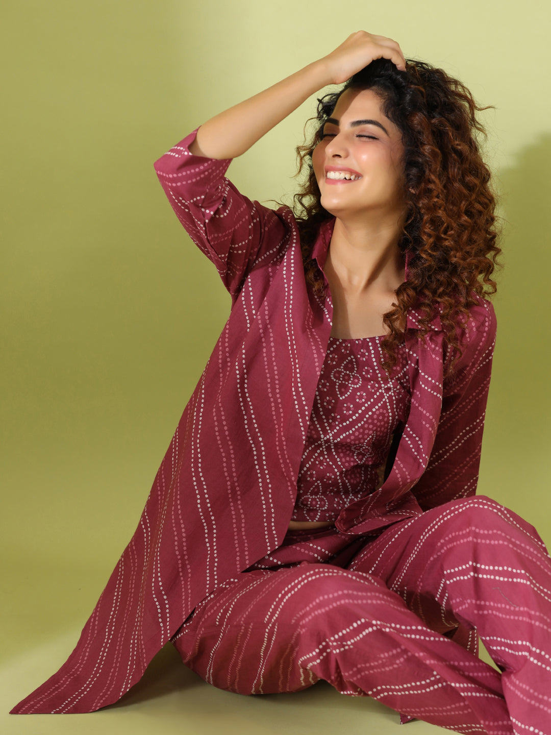 MYSTIC MAROON Bhandej Cotton 3 peice Co-ord set - SanskrutiHomes