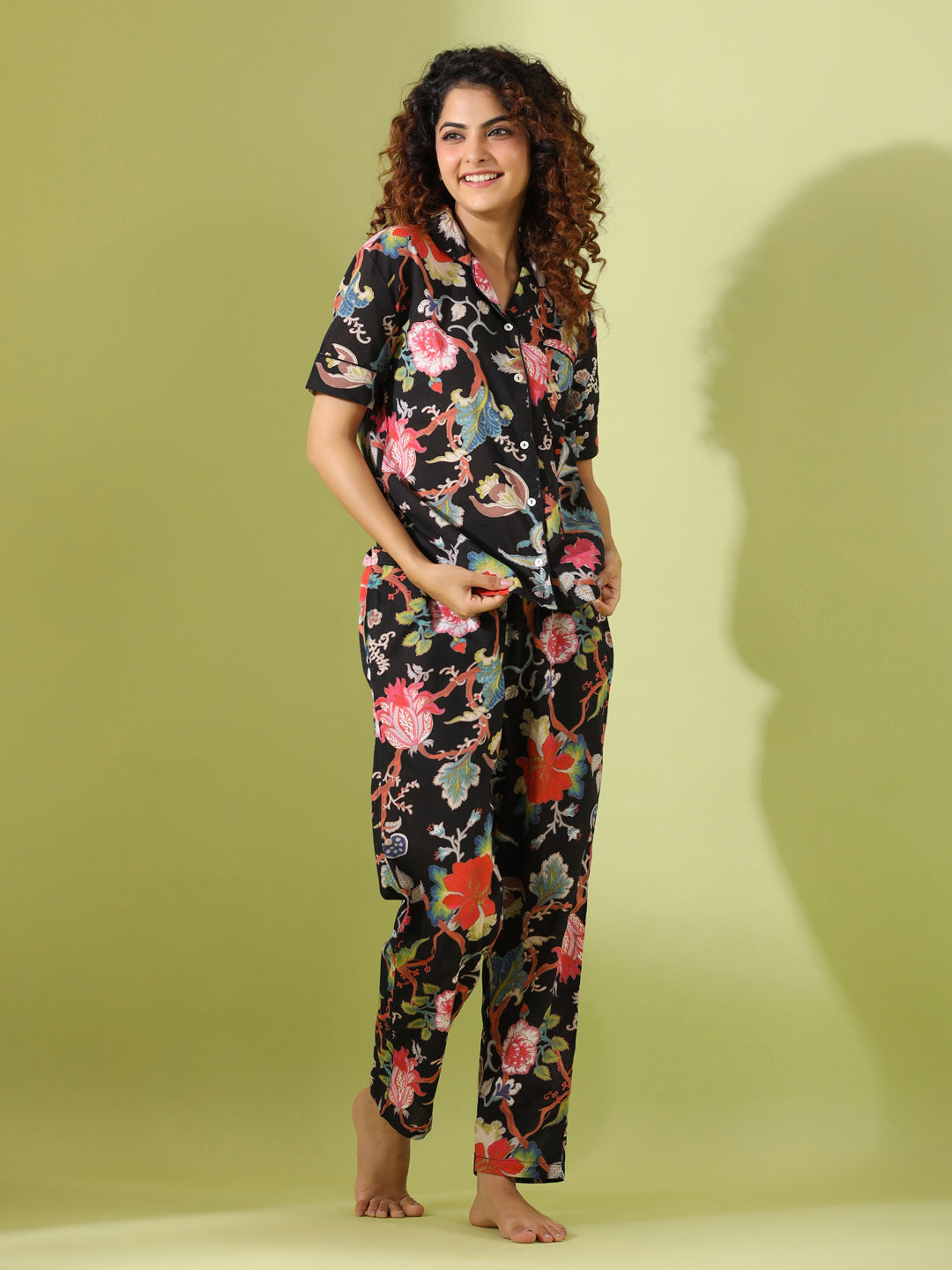 Black Cotton Printed Night Suit Set with Payjama