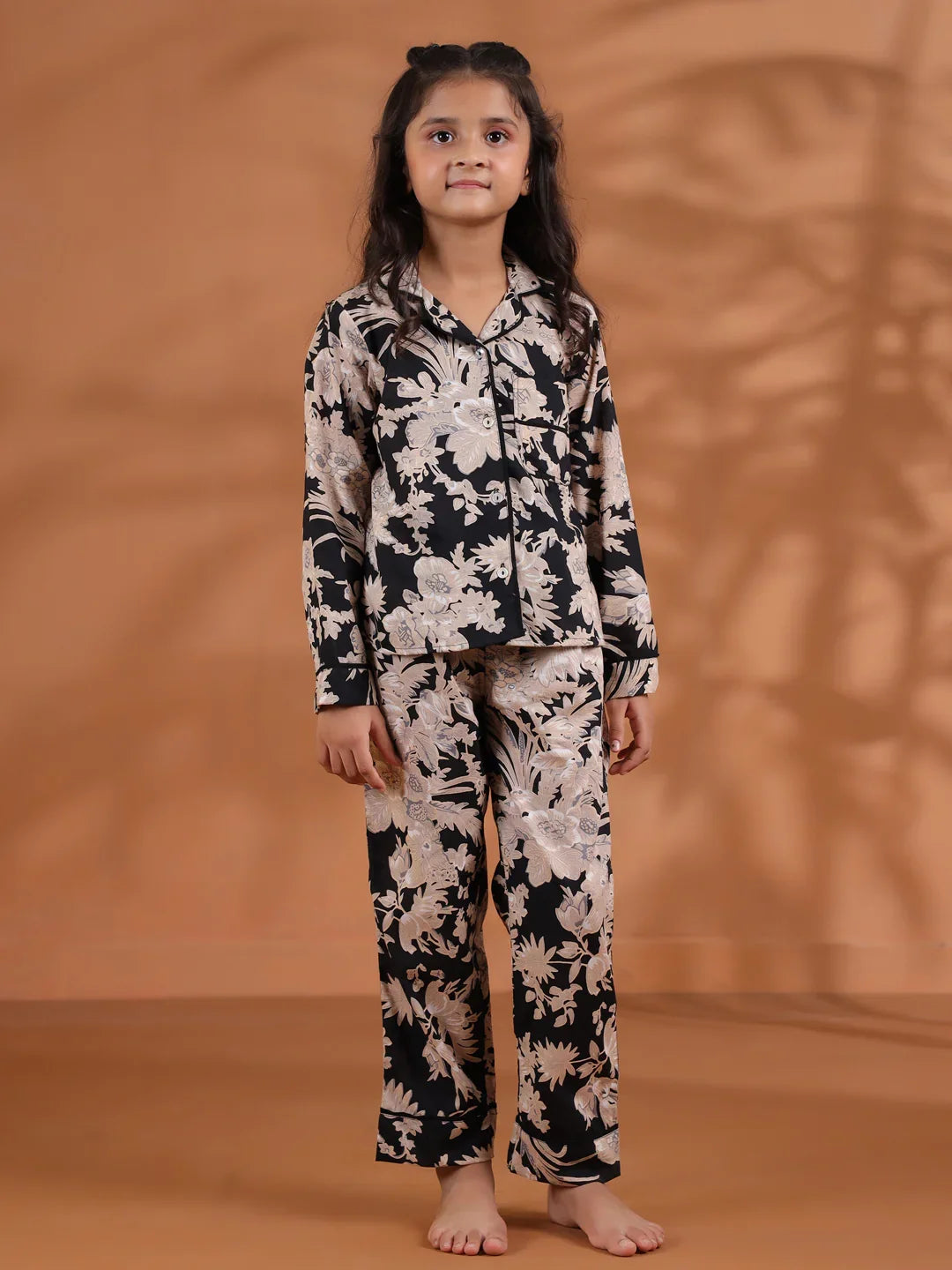 Black Floral Printed Cotton Night Suit for Kids - SanskrutiHomes