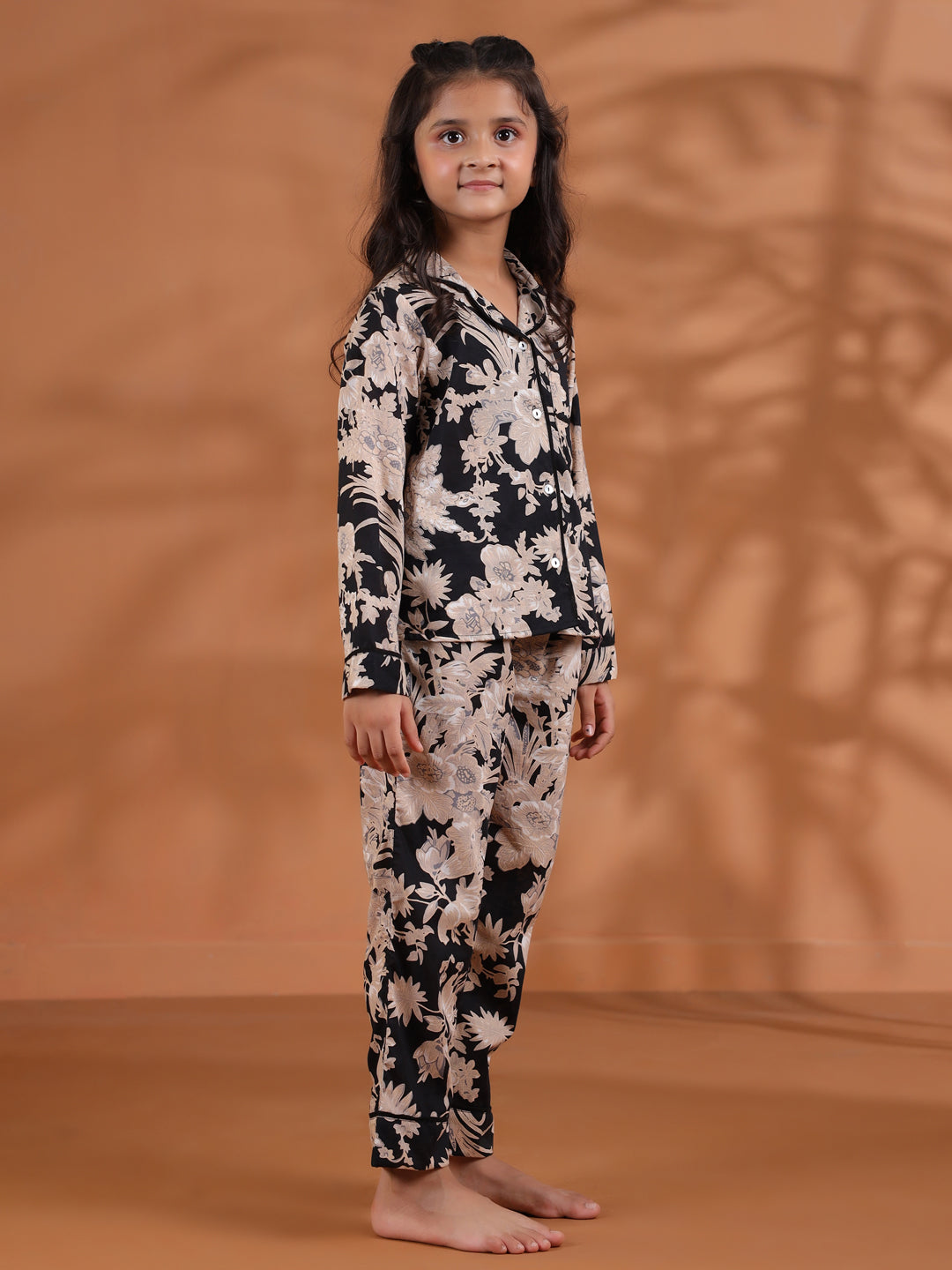Black Floral Printed Cotton Night Suit for Kids - SanskrutiHomes