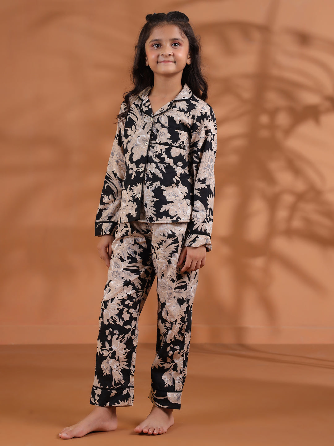 Black Floral Printed Cotton Night Suit for Kids - SanskrutiHomes