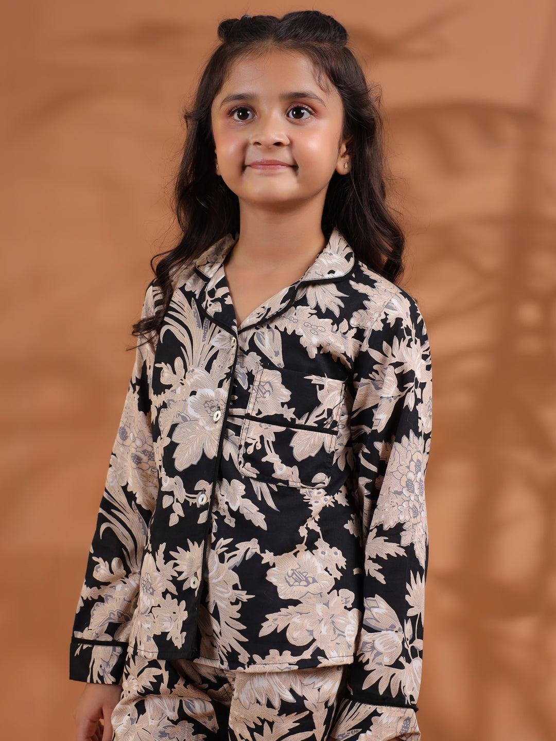 Black Floral Printed Cotton Night Suit for Kids - SanskrutiHomes