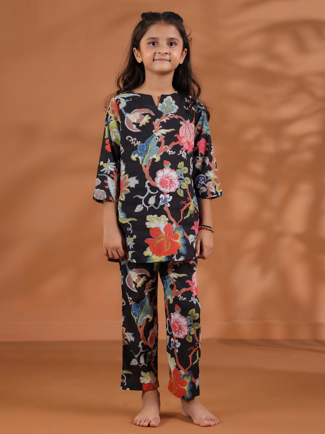 Black Flower Printed Kids Night Suit Set