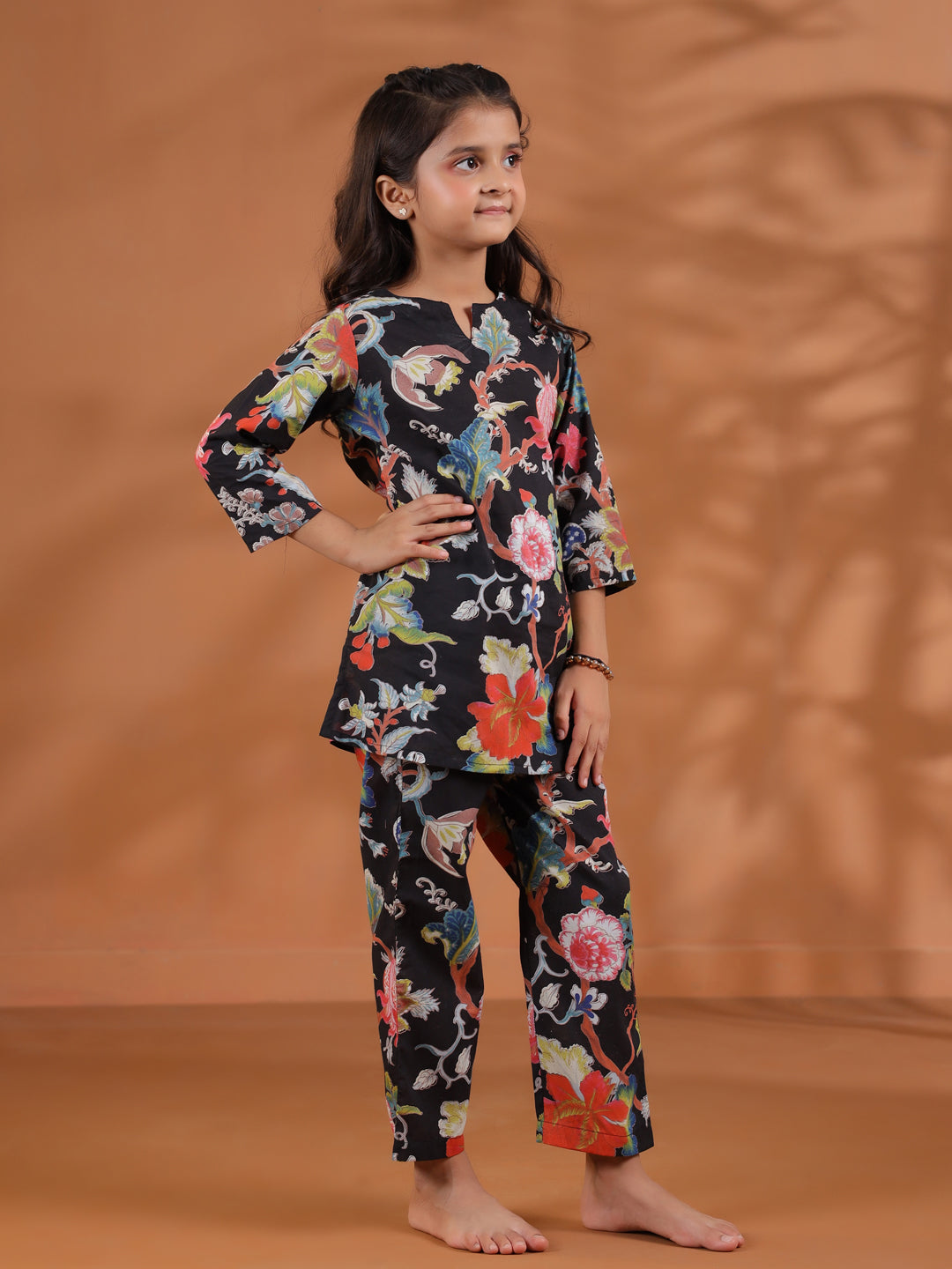 Black Flower Printed Kids Night Suit Set