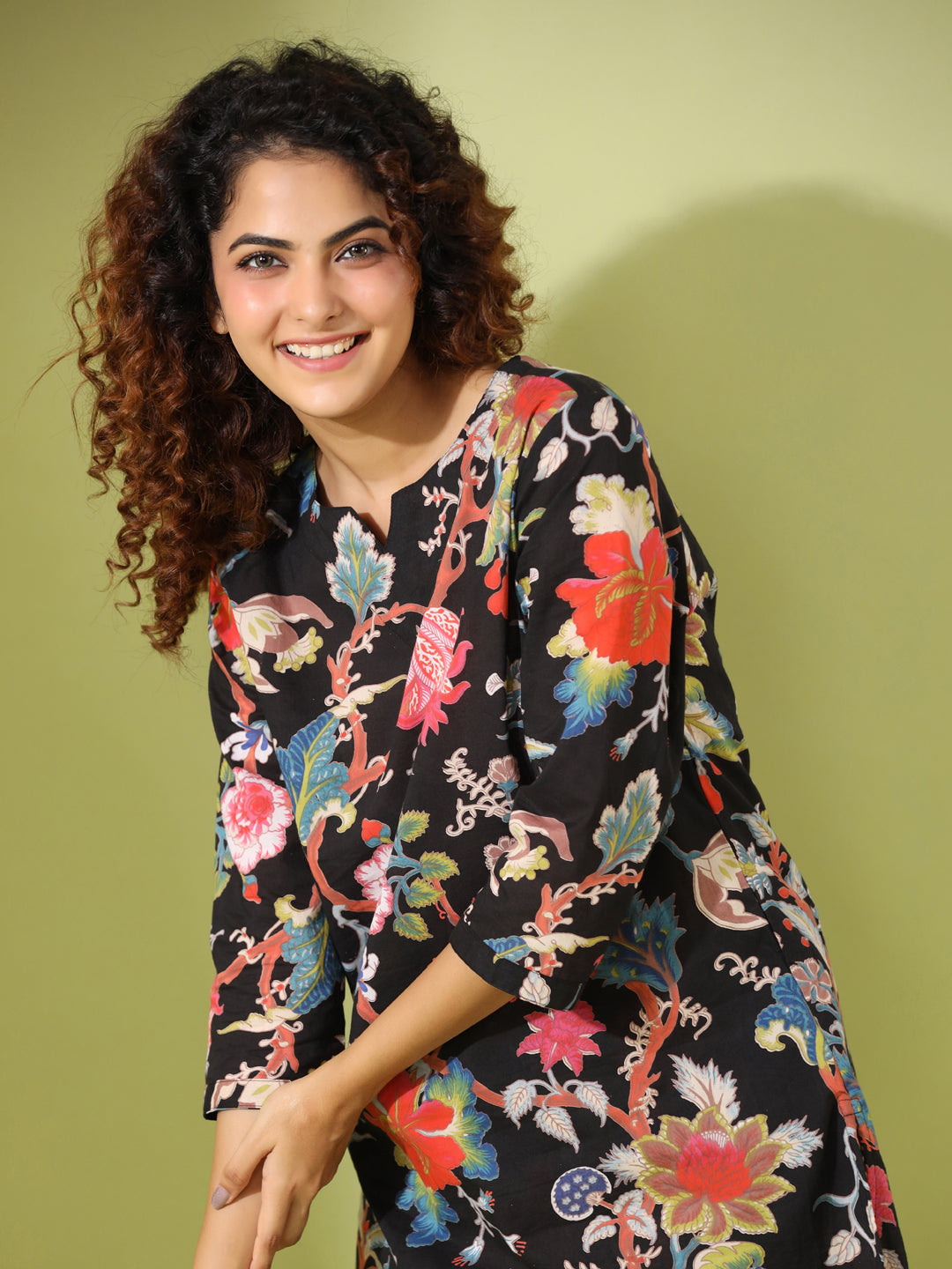 Black floral print loungewear set