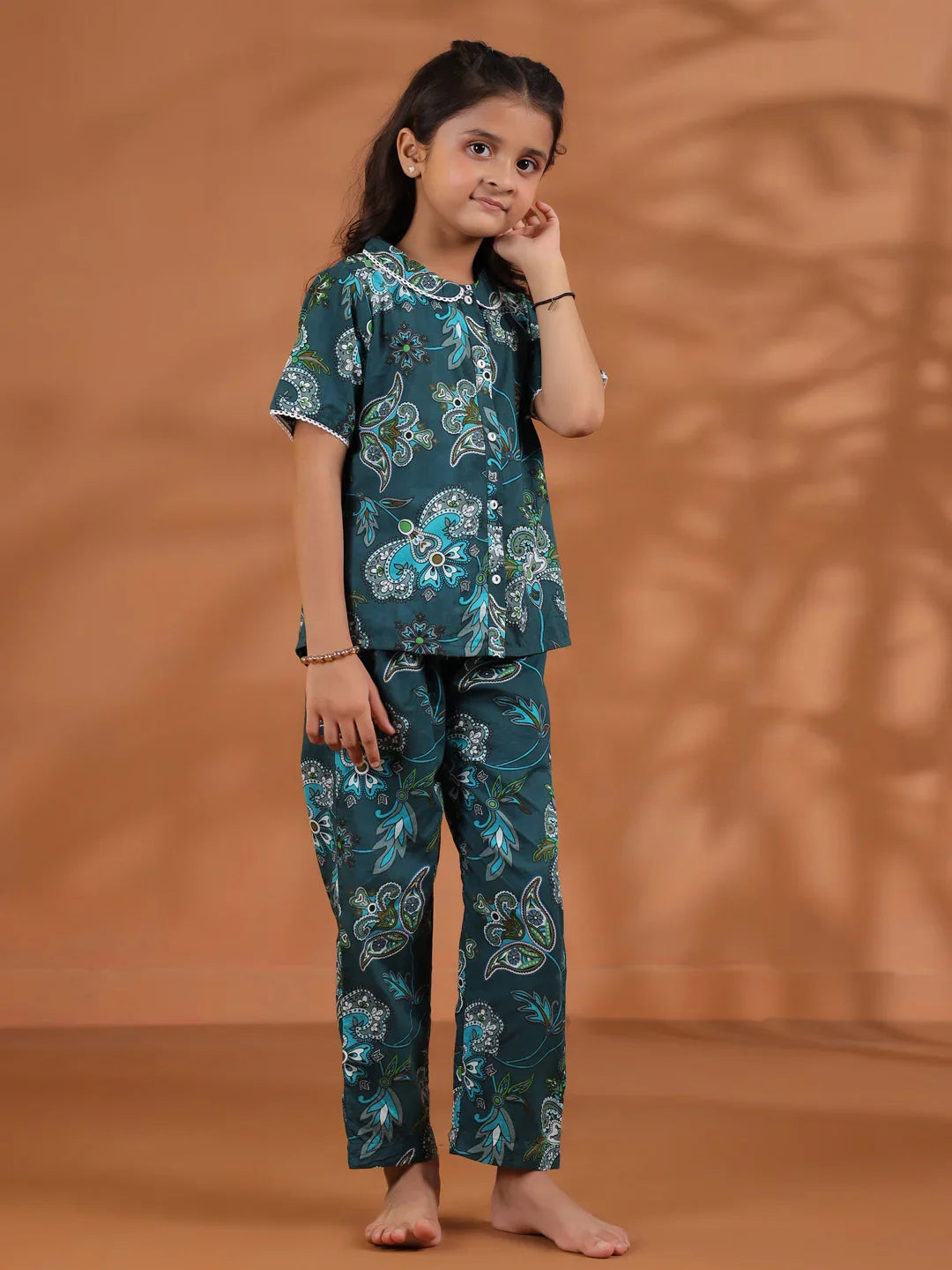 Green Round Neck Floral Printed Kids Night Suit Set - SanskrutiHomes