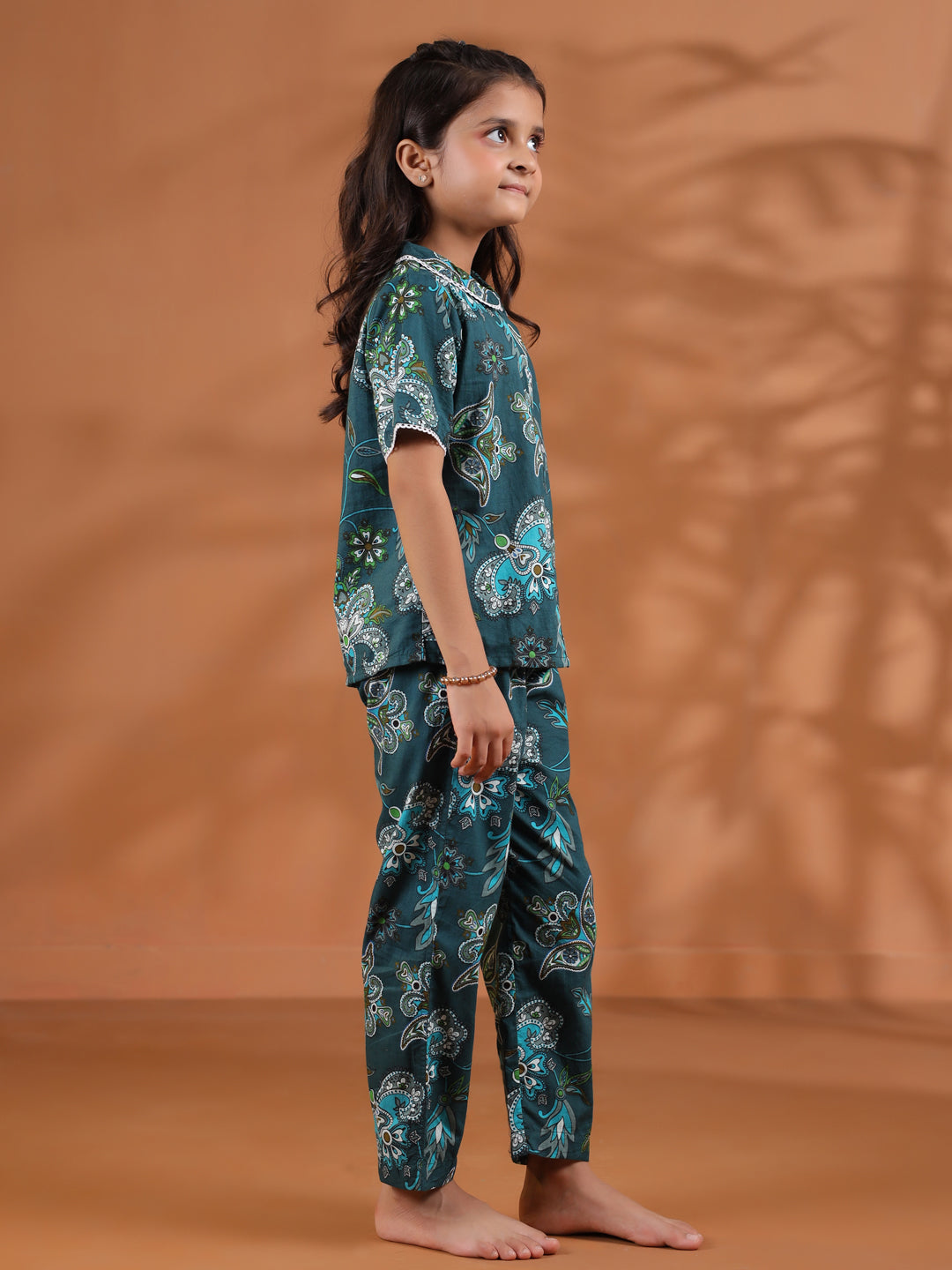 Green Round Neck Floral Printed Kids Night Suit Set