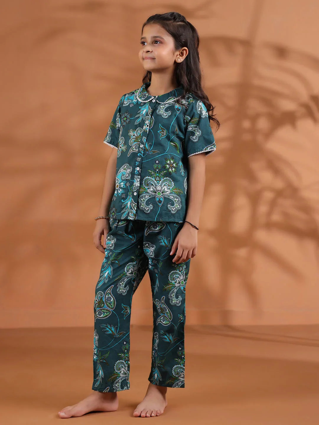 Green Round Neck Floral Printed Kids Night Suit Set - SanskrutiHomes