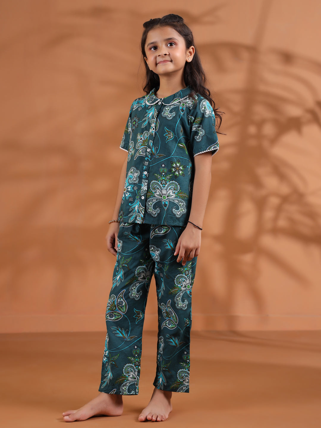 Green Round Neck Floral Printed Kids Night Suit Set