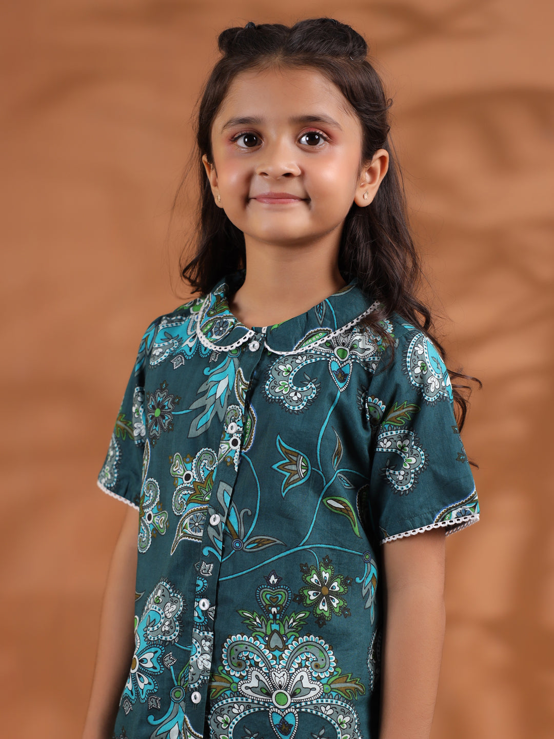 Green Round Neck Floral Printed Kids Night Suit Set