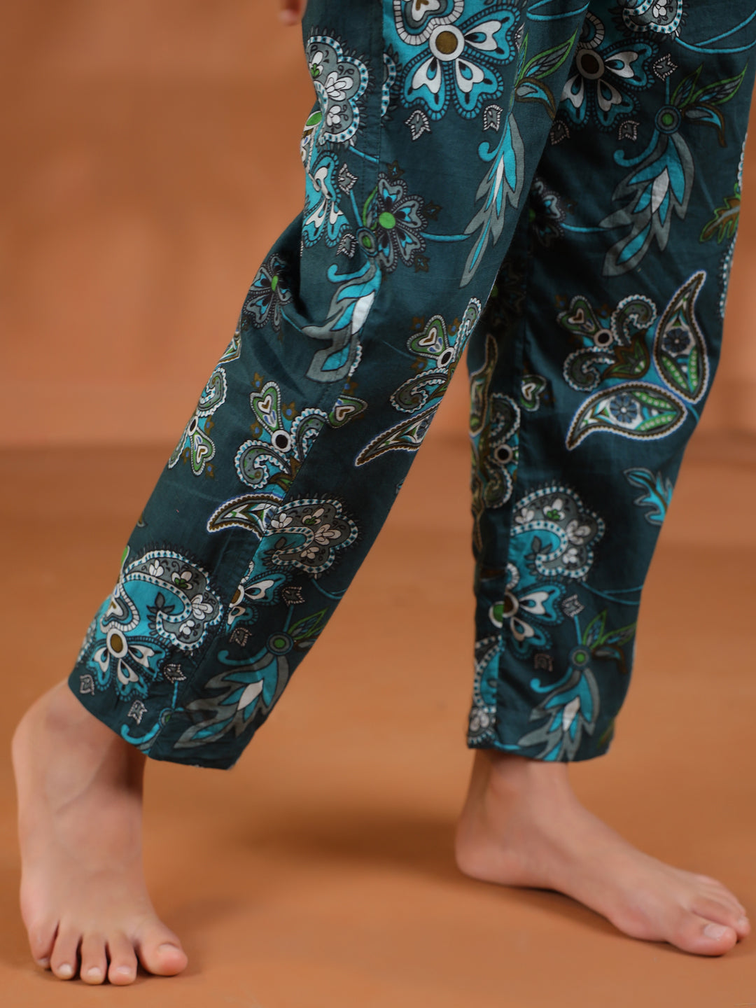 Green Round Neck Floral Printed Kids Night Suit Set