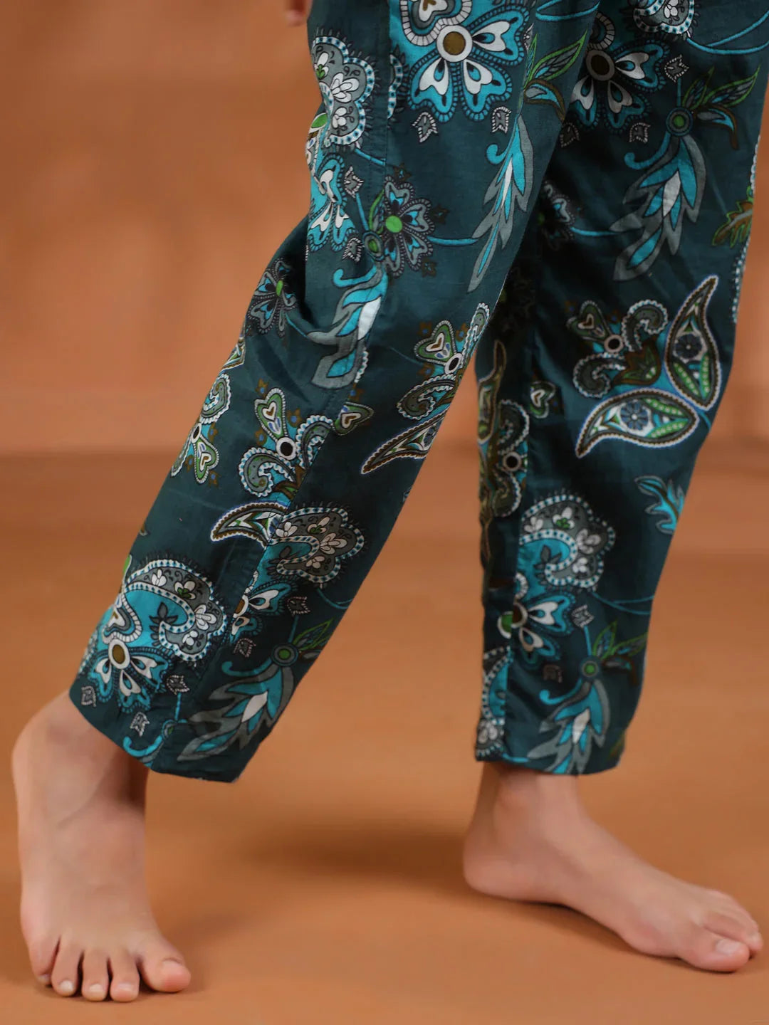 Green Round Neck Floral Printed Kids Night Suit Set - SanskrutiHomes