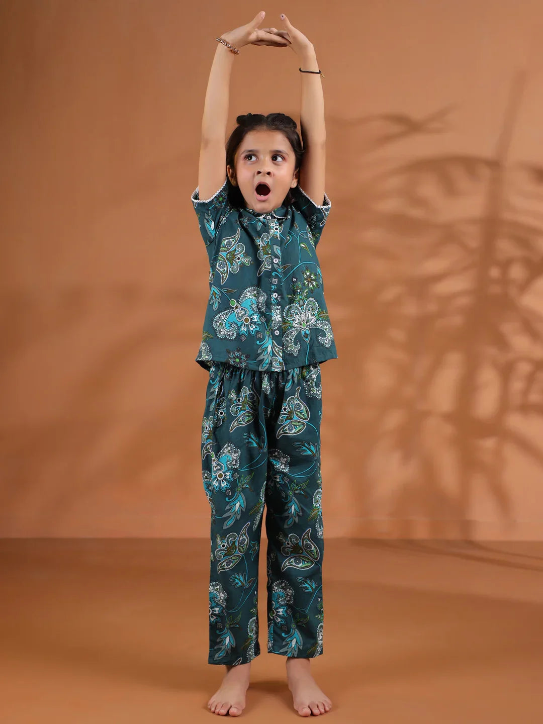 Green Round Neck Floral Printed Kids Night Suit Set - SanskrutiHomes