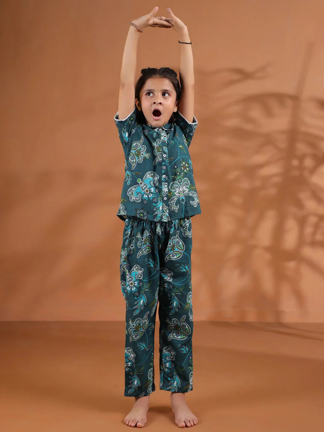 Green Round Neck Floral Printed Kids Night Suit Set - SanskrutiHomes
