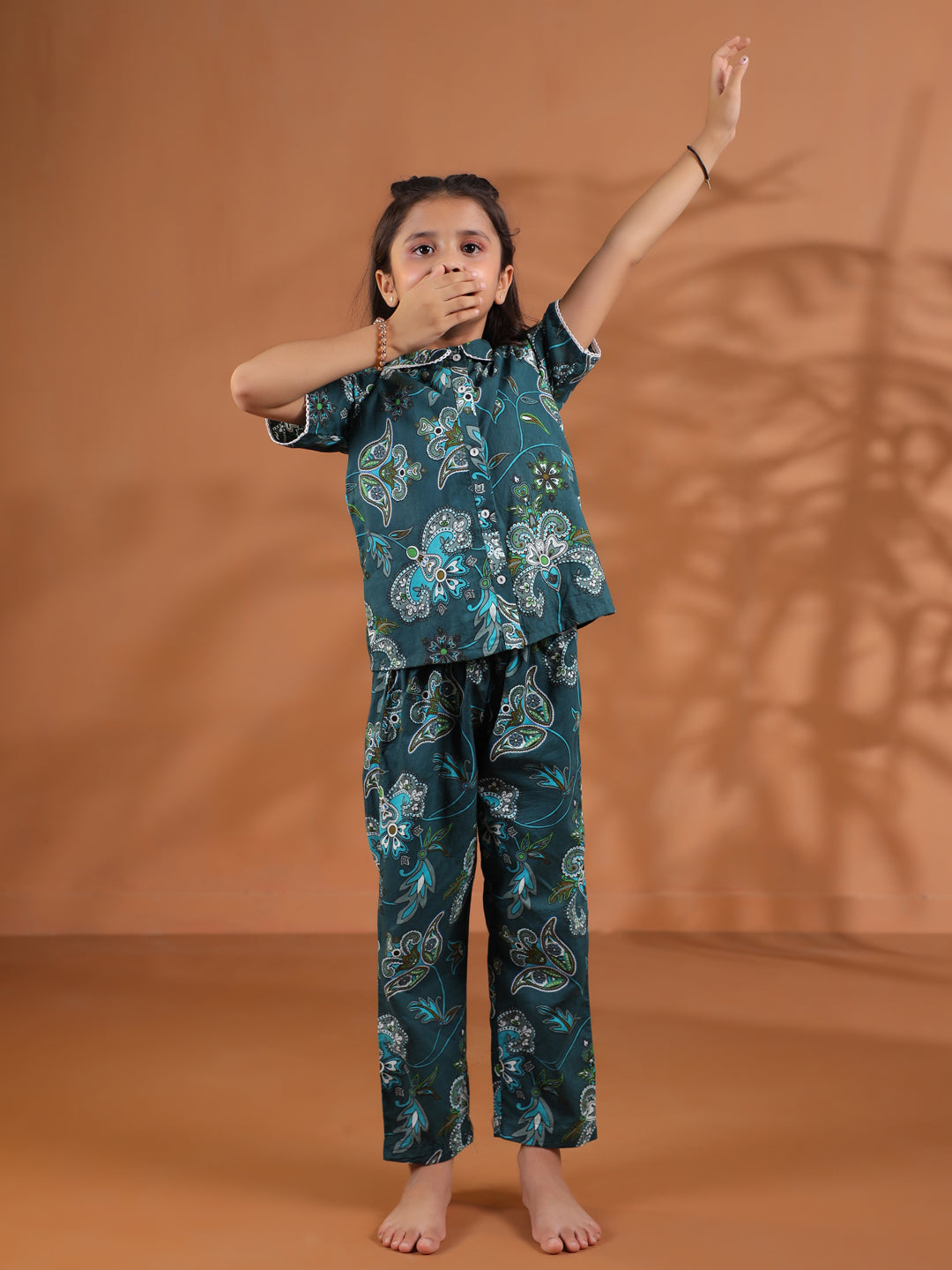 Green Round Neck Floral Printed Kids Night Suit Set