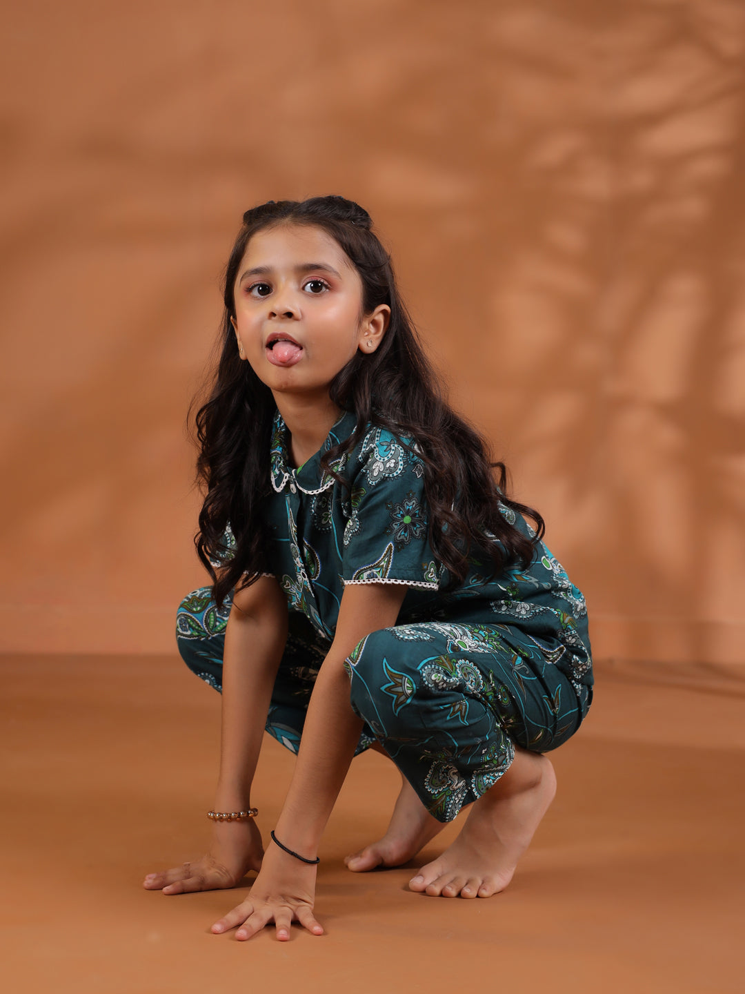 Green Round Neck Floral Printed Kids Night Suit Set
