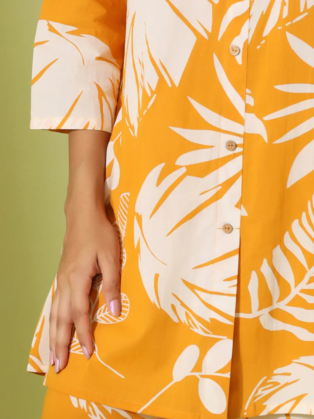 Yellow leaf Printed pure cotton co-ord set - SanskrutiHomes