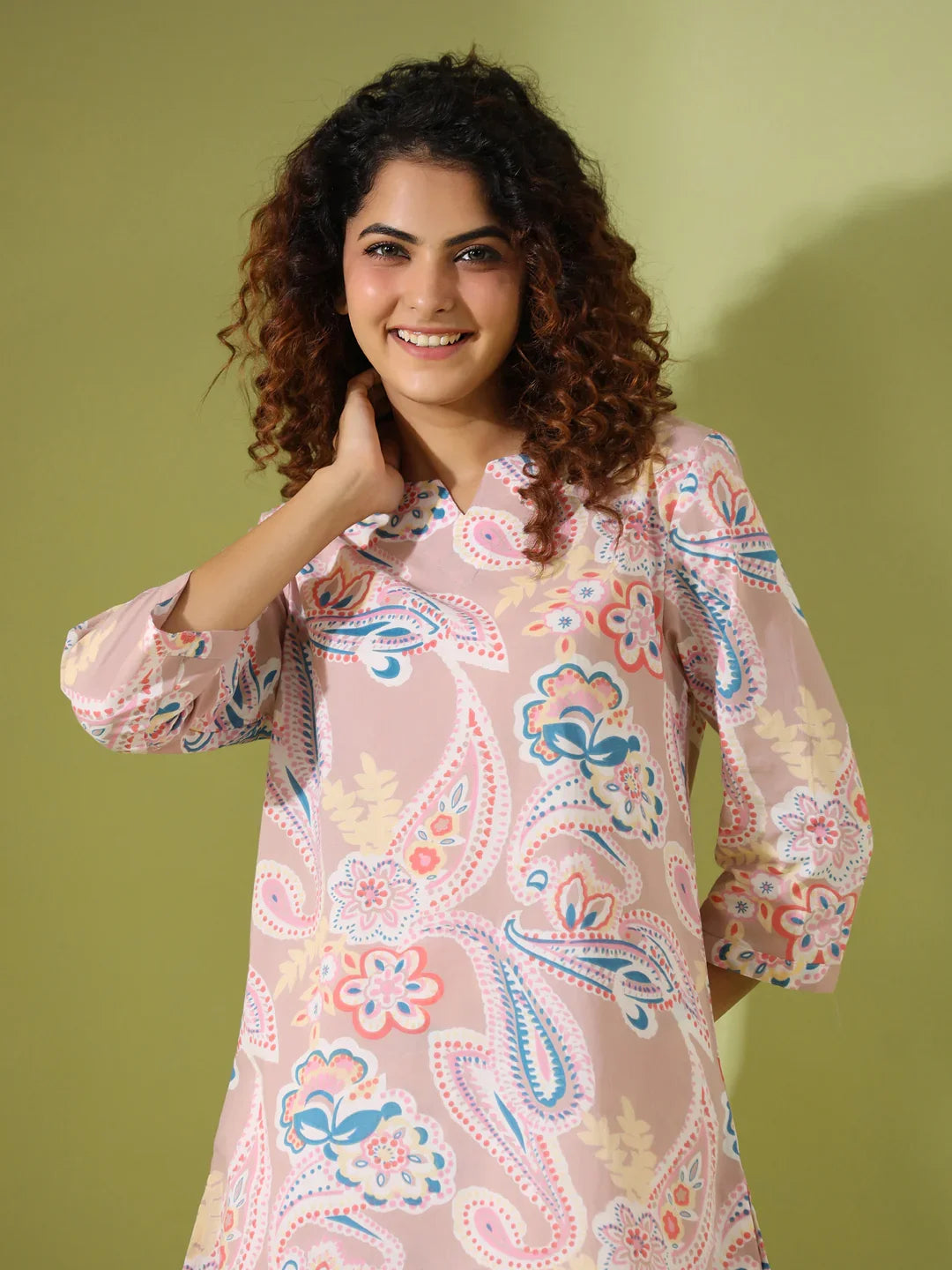 Beige Paisley print loungewear set - SanskrutiHomes