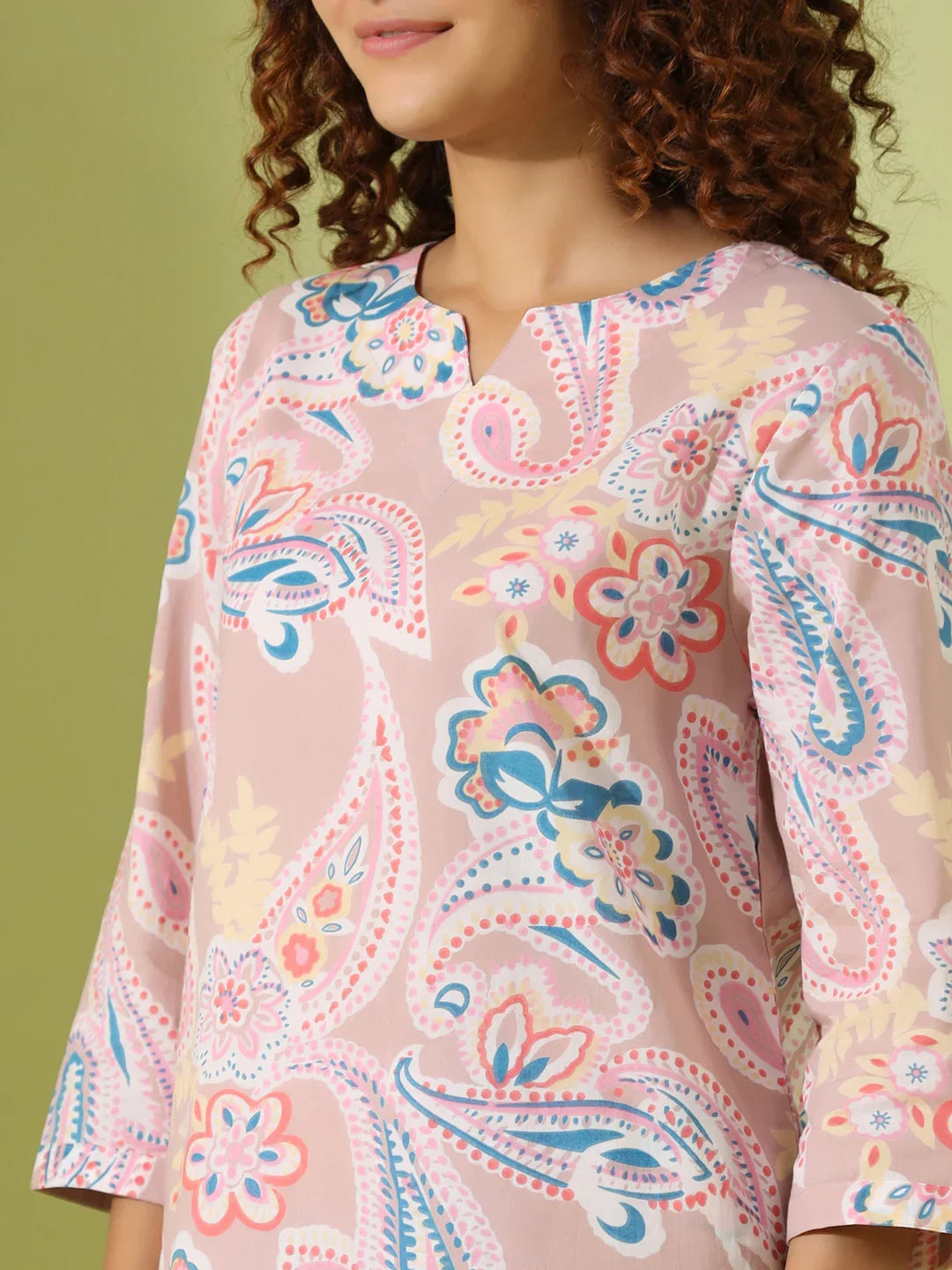 Beige Paisley print loungewear set - SanskrutiHomes