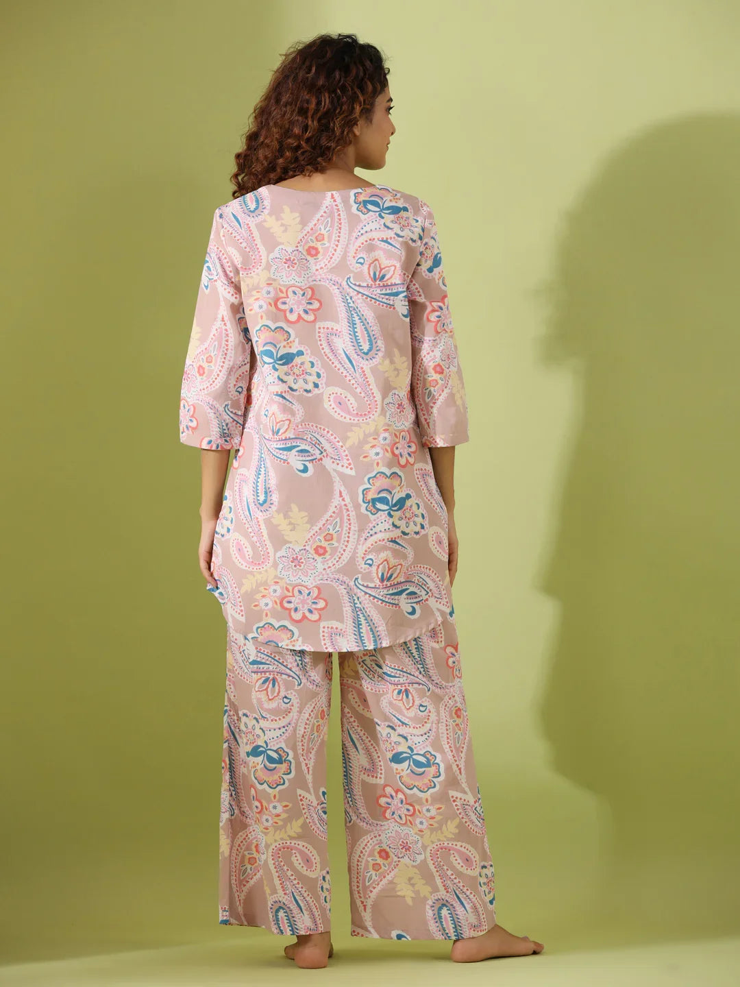 Beige Paisley print loungewear set - SanskrutiHomes