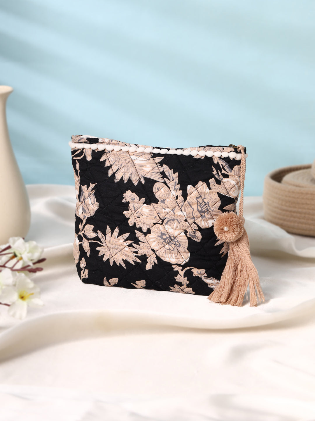 Compact Floral Cotton Pouch Bag with Tassels
