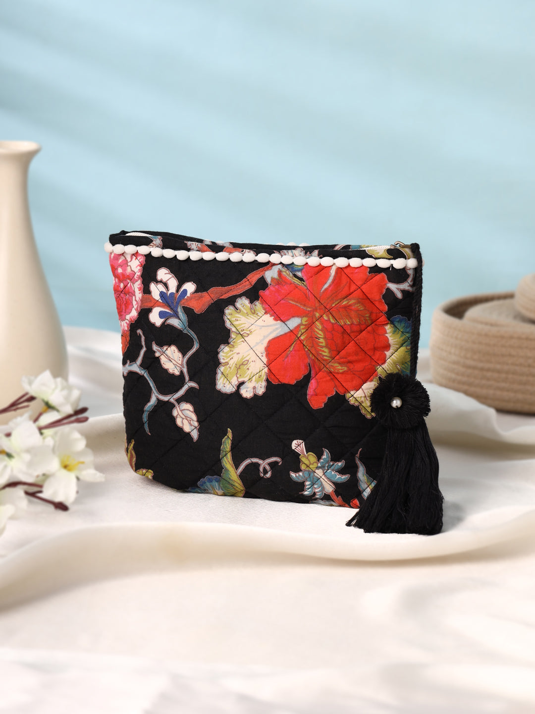 Black Floral Cotton Pouch with Tassel