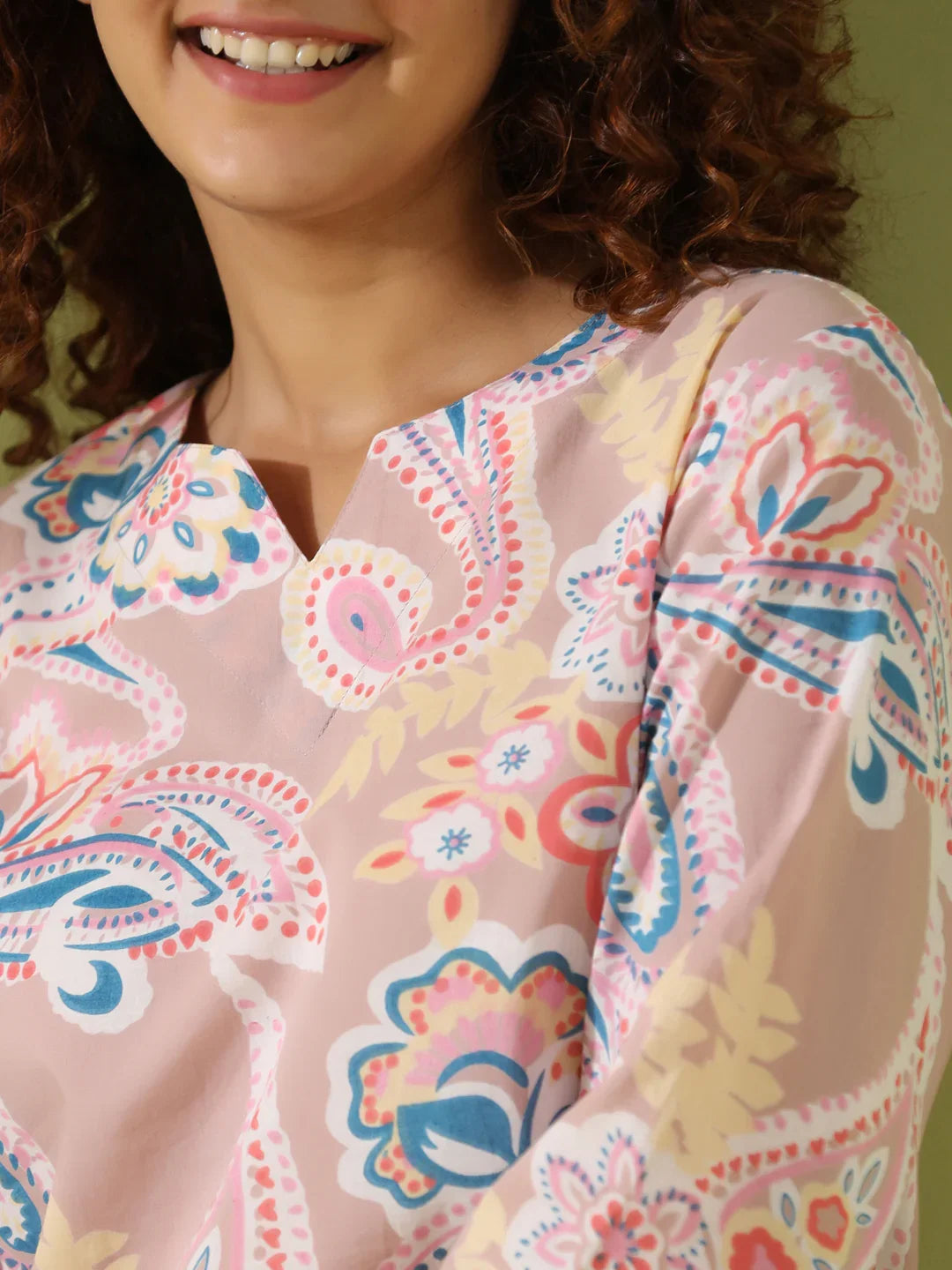 Beige Paisley print loungewear set - SanskrutiHomes
