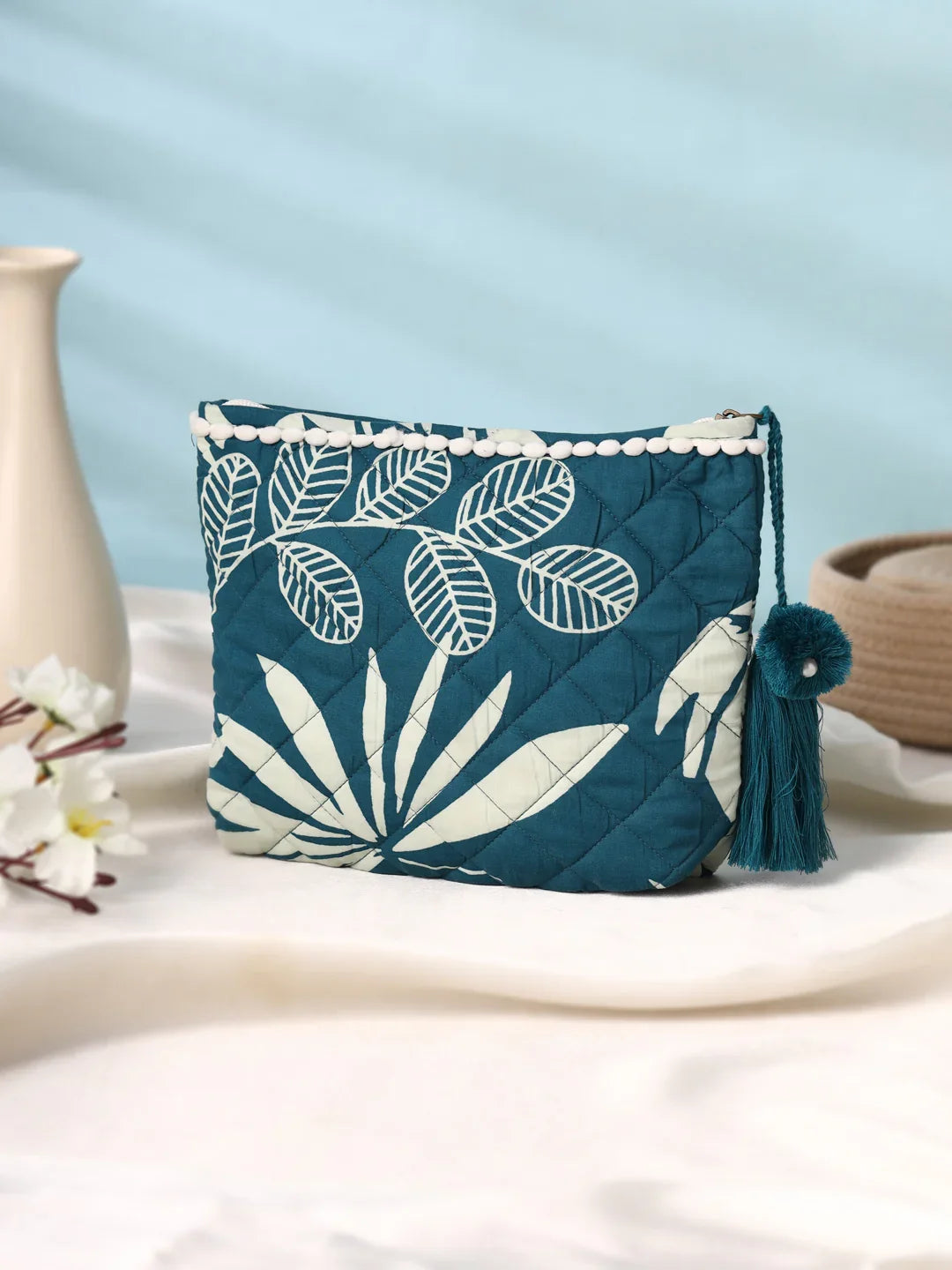Blue Elegant Floral Cotton Pouch Bag - SanskrutiHomes