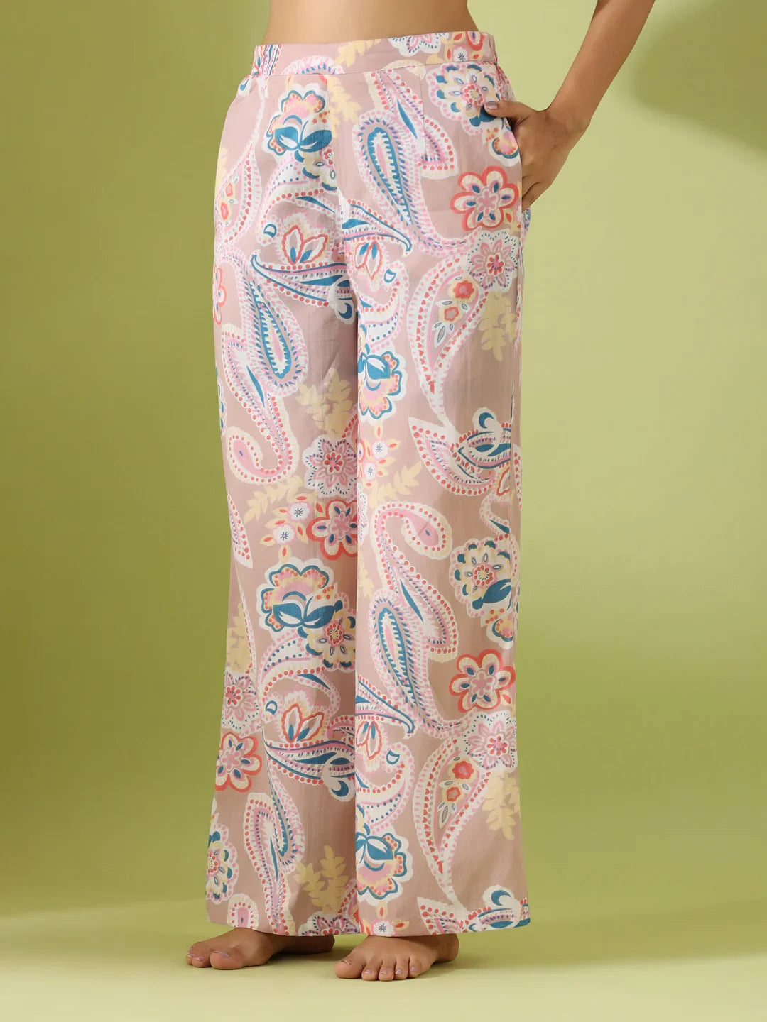 Beige Paisley print loungewear set - SanskrutiHomes