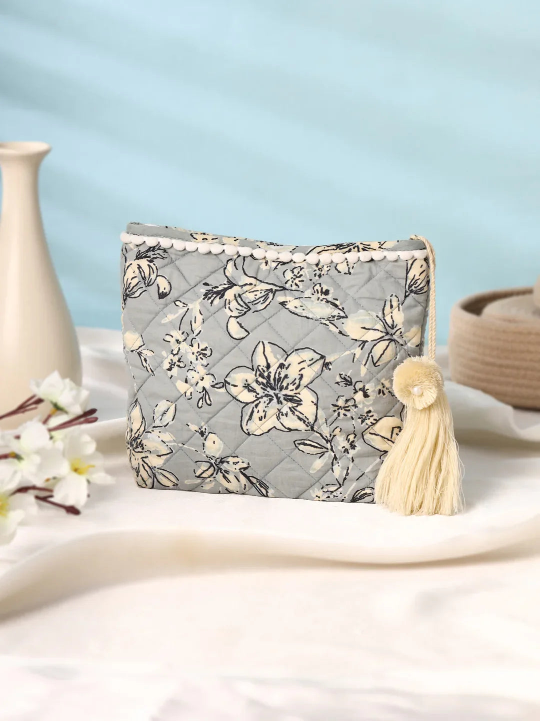 Floral Printed Quilted Pouch - SanskrutiHomes