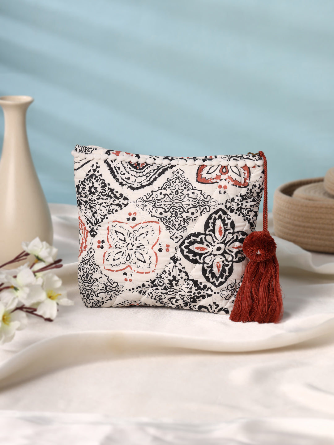 White Cotton Makeup/Travel Pouch with Tassels