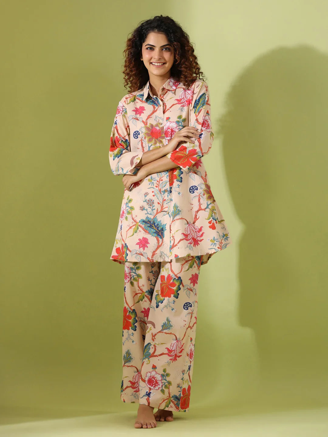 Beige Printed pure cotton co-ord set - SanskrutiHomes