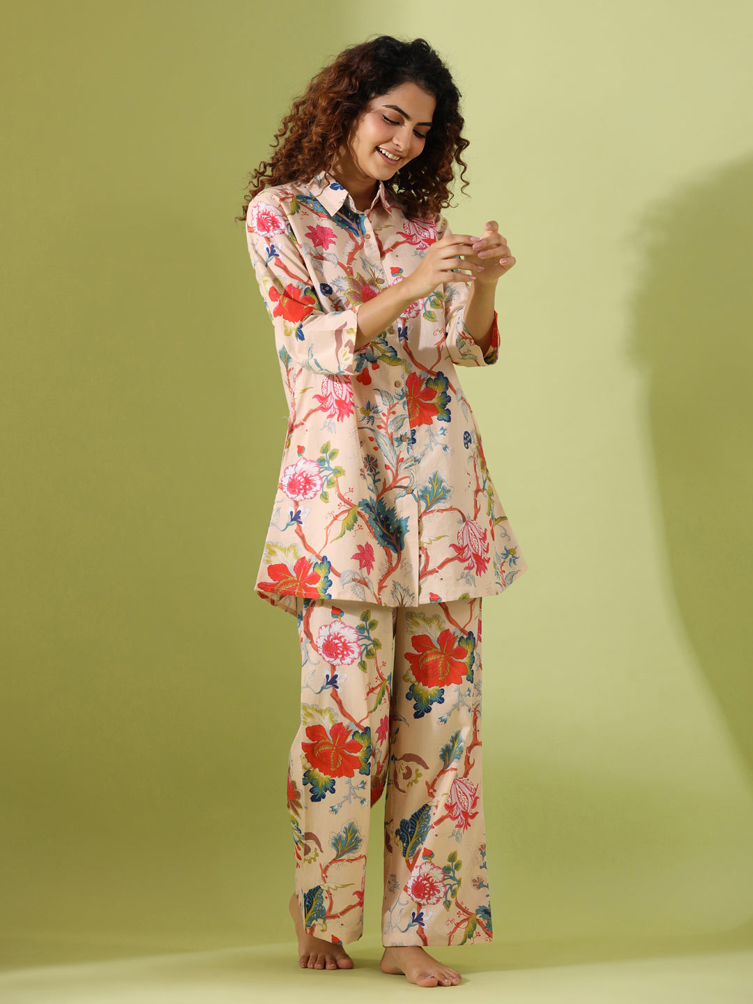 Beige Printed pure cotton co-ord set