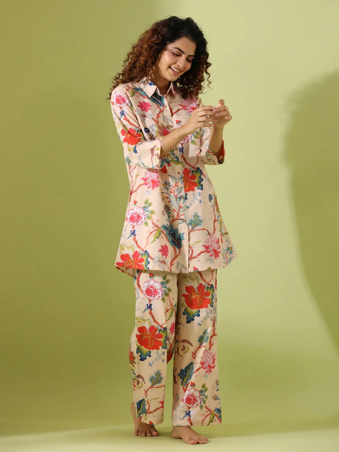 Beige Printed pure cotton co-ord set - SanskrutiHomes