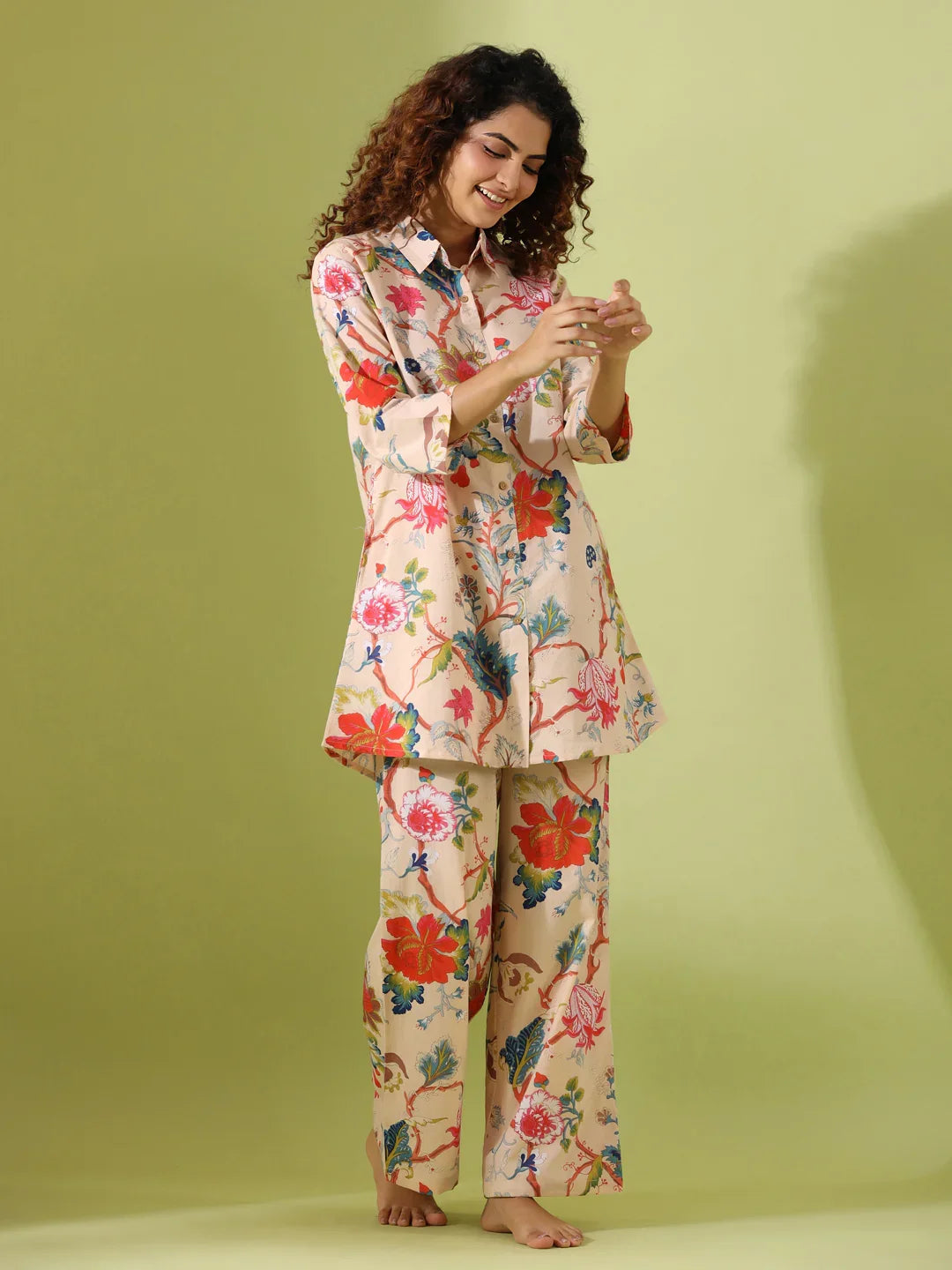 Beige Printed pure cotton co-ord set - SanskrutiHomes