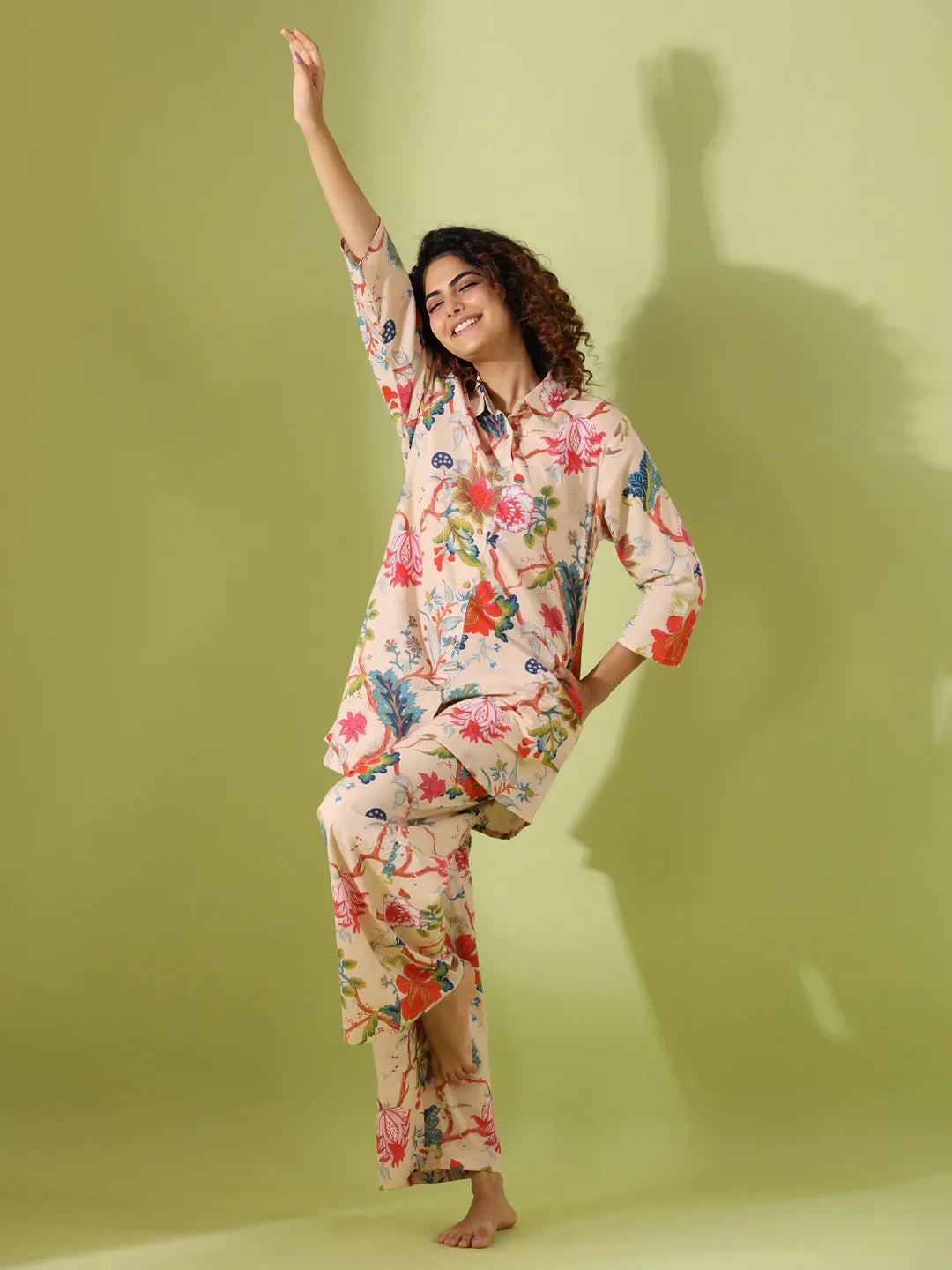 Beige Printed pure cotton co-ord set - SanskrutiHomes
