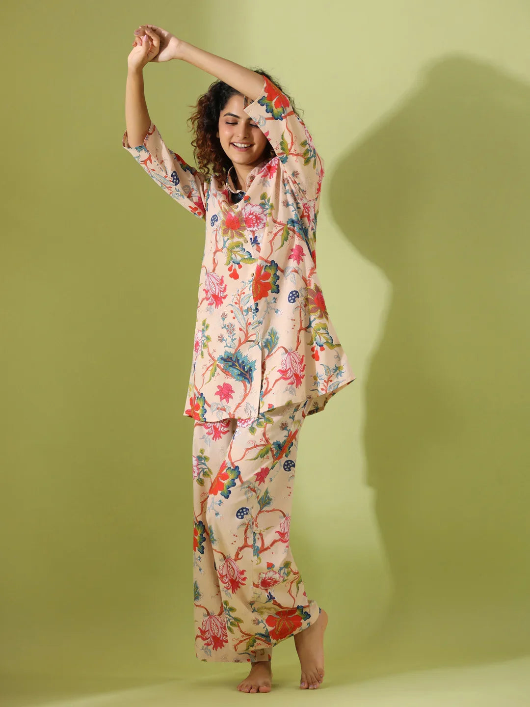 Beige Printed pure cotton co-ord set - SanskrutiHomes