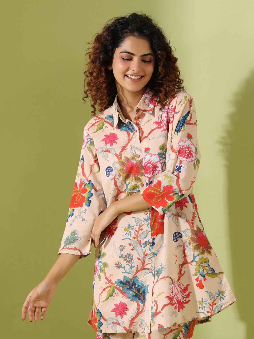 Beige Printed pure cotton co-ord set